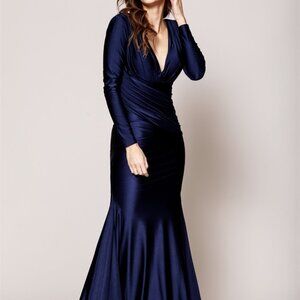 V-Neck Long Sleeve Satin Evening Dress AC381